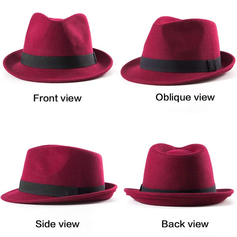 LADYBRO Wine Red Fedora Men Short Brim Hat for Ladies Classic Trilby 100% Wool, 7 1/4 - Image 4